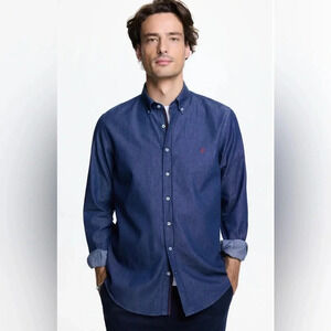 Carolina Herrera Denim Shirt With Grosgrain In Indigo Blue Size 15